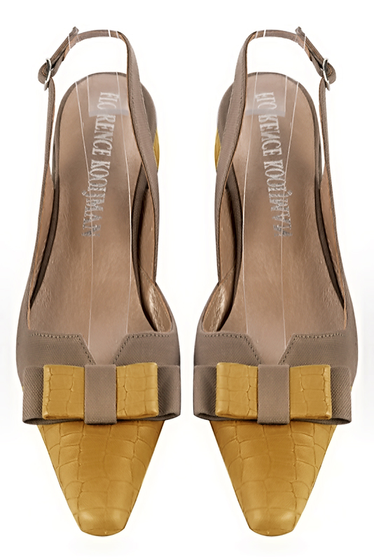 Mustard yellow and taupe brown women's open back shoes, with a knot. Tapered toe. Flat block heels. Top view - Florence KOOIJMAN